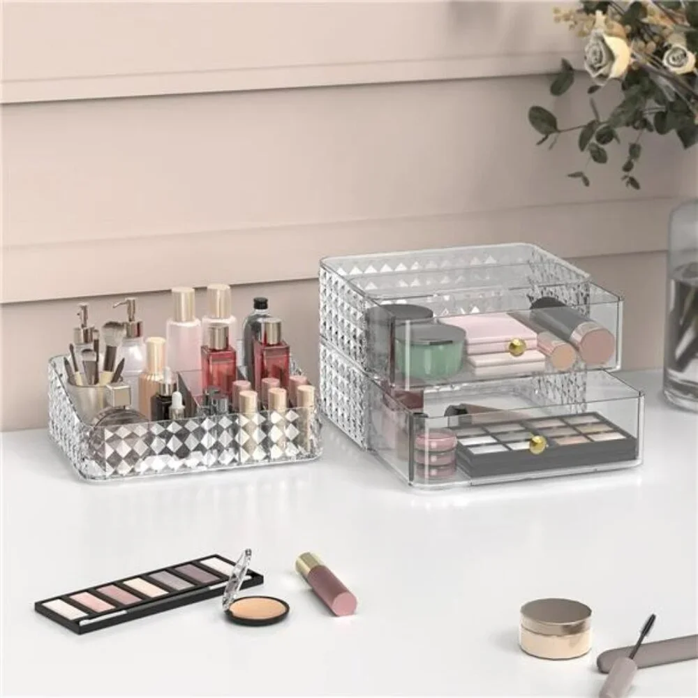 Clear stackable makeup organizer with drawers tray vanity storage case